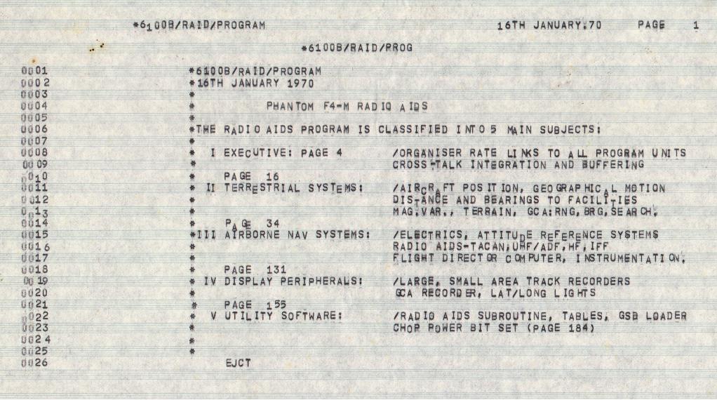 Title page of the assembler listing of the F4-M flight simulator radio aids software.