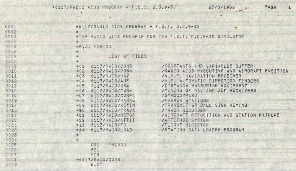 Title page of the assembler listing of the FSI-DC9 flight simulator radio aids software.
