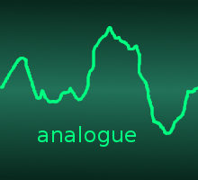 An oscilloscope trace of an analogue signal.