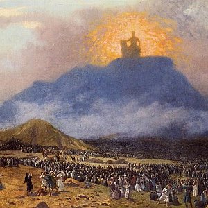 Artist's impression of Moses receiving the 10 commandments.