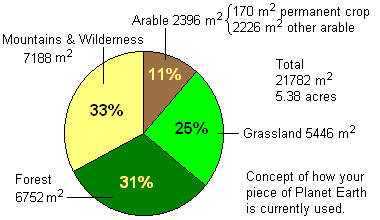 Pie chart of the planet's habitable area per person, divided into percentages of land usage.