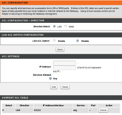 Access Control List configuration screen1 for the D-Link DSL2500E modem.