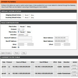 D-Link DSL2500E: IP and port filtering configuration screen.