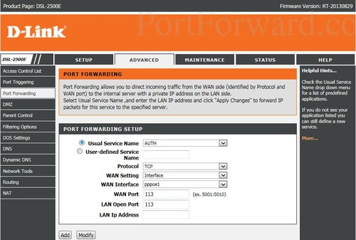 D-Link DSL2500E modem: port forwarding configuration.