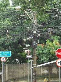 Photo of the rat's nest of wiring on the street post that carries my ADSL signal.