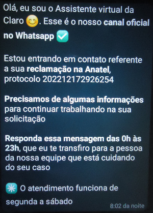 Message 1 from Claro NET's Virtual Assistant.