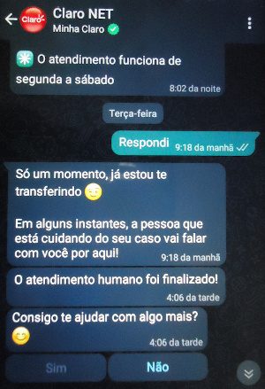 Message 2 from Claro NET's Virtual Assistant.