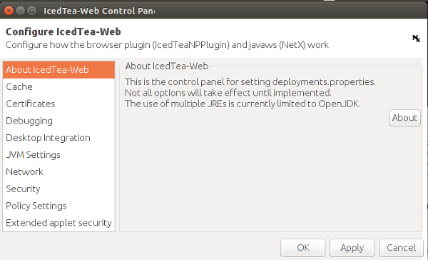 The Open Source IcedTea plugin's control panel.