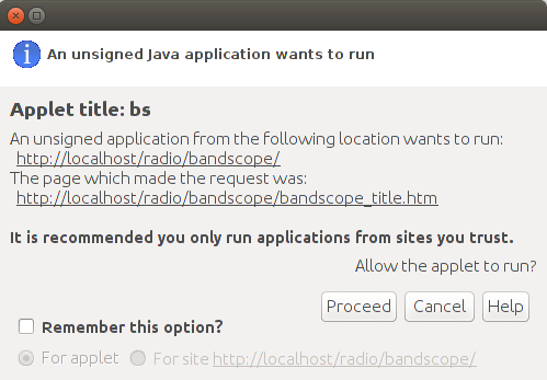 Open JDK's Warning message for an uncertified applet requesting to run.