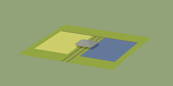 View, from an elevation of 20 degrees, of the Universal Terrestrial Dwelling in a rural landshare setting.