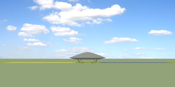 View, from ground level, of the Universal Terrestrial Dwelling in a rural landshare setting.