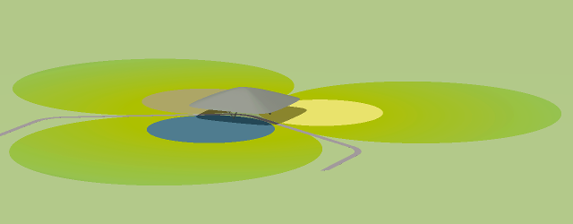 View, from an elevation of 20 degrees, of the 3-legged version of the Universal Tessrestrial Dwelling within a tri-gleba landshare setting.