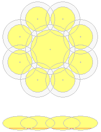 Plan and elevation views of one of the daisy assemblies showing the merging overlap of the modules.