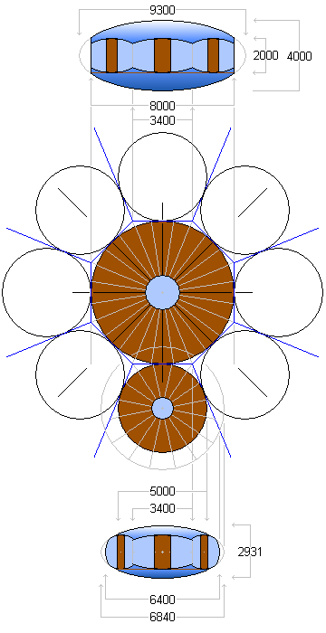 Plan and elevation views of how the central and petal modules, of the twin-daisy landshare dwelling, fit together to form a complete daisy.