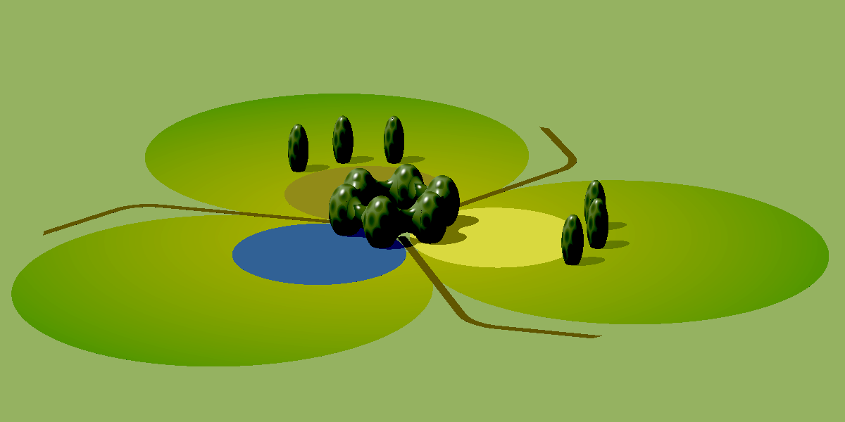 View of the futuristic farmlet from 20 degrees elevation.