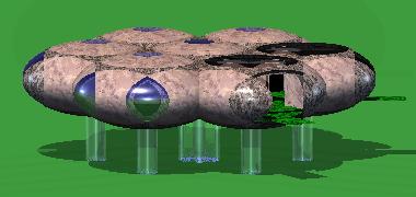 A low-angle elevation view of a complete daisy unit of the landshare dwelling.
