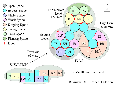 Full plan of the proposed three-level eco-dwelling.