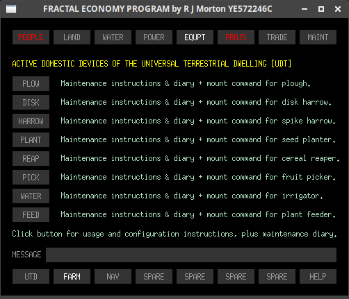 The equpt-farm sub-tab of the Fractal Economy Program, showing data for the farm equipment usage, configuration instructions and maintenance diaries.