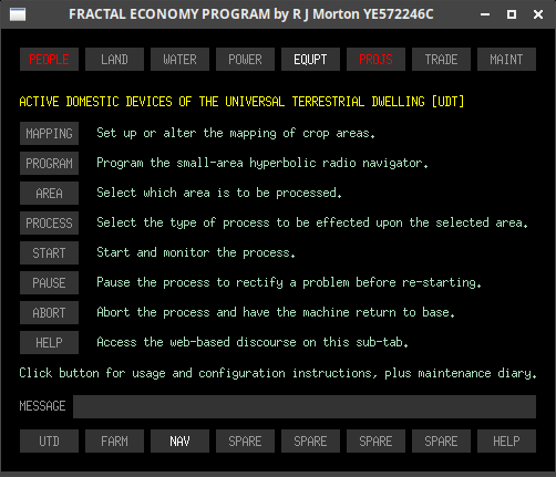 The equpt-nav sub-tab of the Fractal Economy Program, showing data for the nav equipment usage, configuration instructions and maintenance diaries.