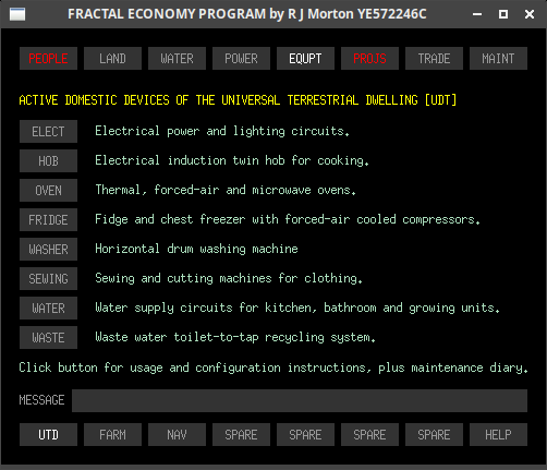 The equpt-utd sub-tab of the Fractal Economy Program, showing data for the UTD's equipment usage, configuration instructions and maintenance diaries.