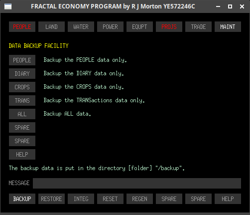 The maint-backup sub-tab of the Fractal Economy Program.