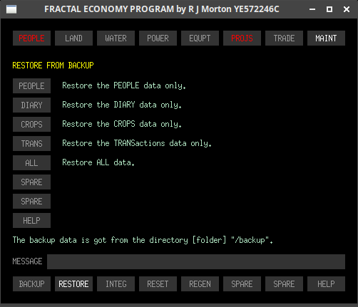 The maint-restore sub-tab of the Fractal Economy Program.