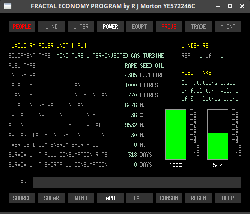 he power-APU sub-tab of the Fractal Economy Program, showing data for the auxiliary power unit.