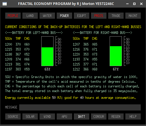 The power-batt sub-tab of the Fractal Economy Program, showing data for the UTD's battery units.