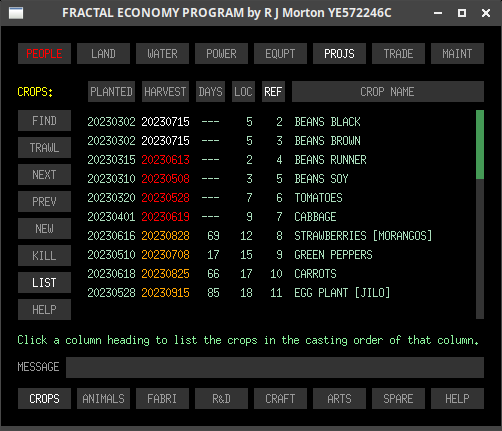 The projs-crops-list sub-tab of the Fractal Economy Program, showing data for the production cycles of the current crops.