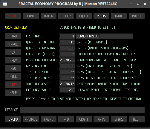 The projs-crops sub-tab of the Fractal Economy Program, showing data for the production cycles of the current crops.