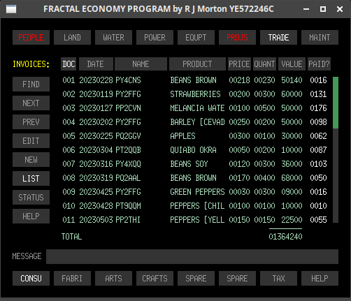 The trade-consu-list sub-sub-tab of the Fractal Economy Program, showing a scrollable list of all transactions currently on file.