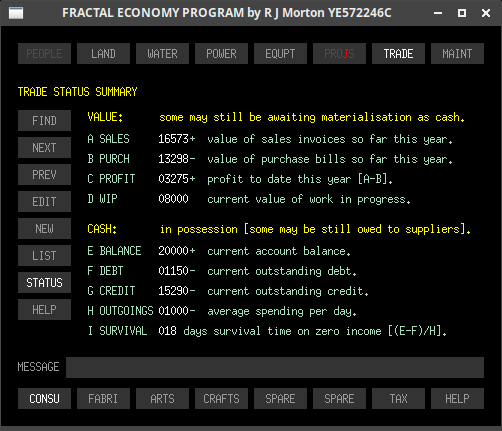 The trade-consu-status sub-sub-tab of the Fractal Economy Program, showing the overall status of the landshare's trading account.