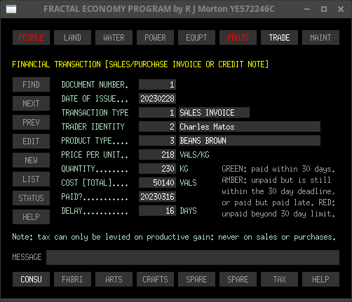 The trade-consu sub-tab of the Fractal Economy Program, showing the data for a single transaction.