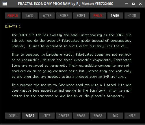The trade-fabri sub-tab of the Fractal Economy Program.