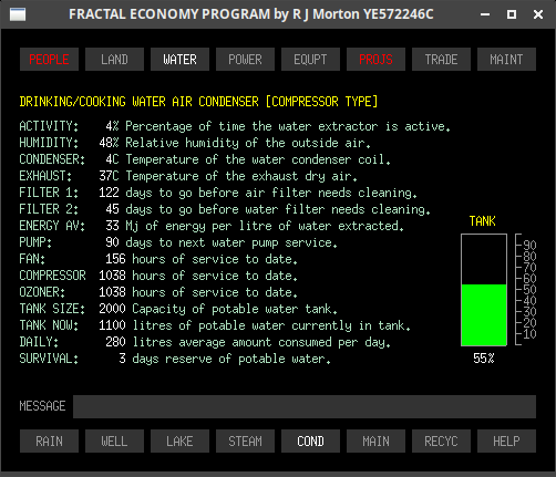 Water-cond sub-tab of the Fractal Economy Program, showing data for water extracted from the air.