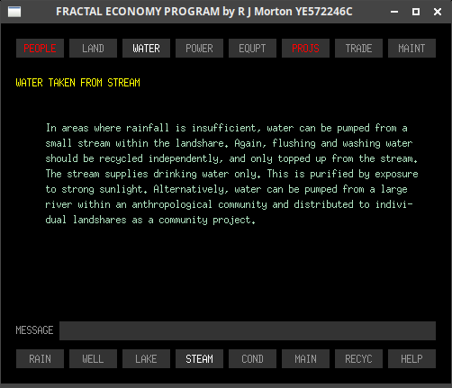 Water-stream sub-tab of the Fractal Economy Program, showing water well data.