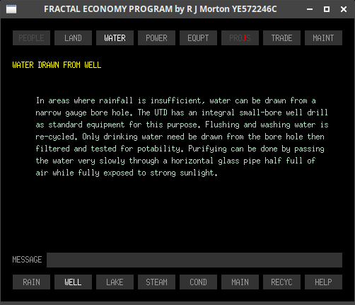 Water-well sub-tab of the Fractal Economy Program, showing water well data.