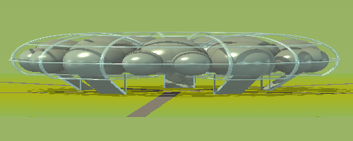 A low-angle elevation view of the inner module structure of the torus-shaped landshare dwelling.