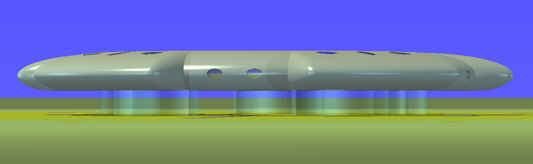 View from ground level of the pentagonal torus-flower design for a landshare dwelling.