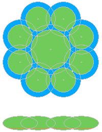 Plan and elevation views of one of the daisy assemblies showing the merging overlap of the modules.