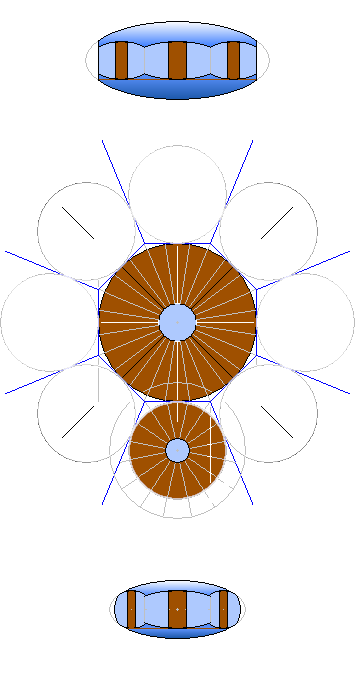 Plan and elevation views of how the central and petal modules, of the twin-daisy landshare dwelling, fit together to form a complete daisy.