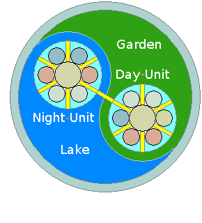 Plan view of the day and night modules of an eco-dwelling set in a yinyang shaped lake and garden.