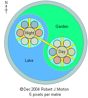 Plan view of the day and night modules of an eco-dwelling set in a yinyang shaped lake and garden.