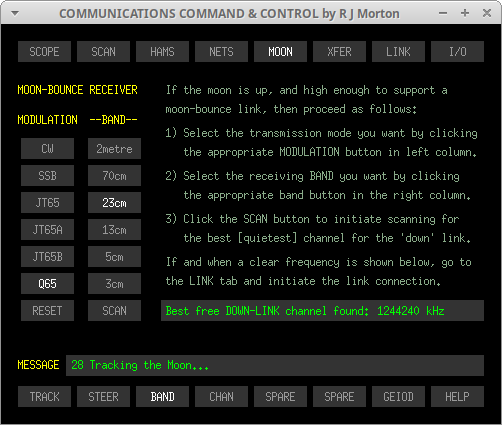 MOON->BAND sub-tab of the Communications Command & Control program originated and written in 'C' by Robert John Morton YE572246C.
