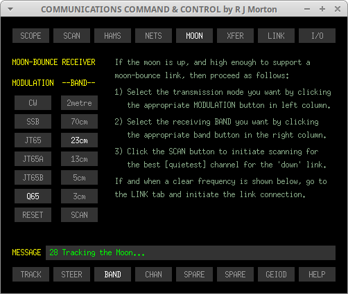 MOON->BAND sub-tab of the Communications Command & Control program originated and written in 'C' by Robert John Morton YE572246C.