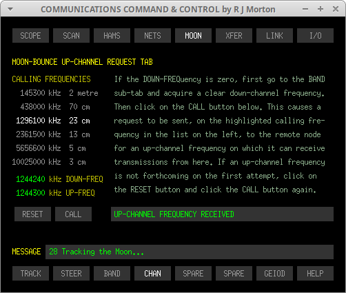 MOON->CHAN sub-tab of the Communications Command & Control program originated and written in 'C' by Robert John Morton YE572246C.