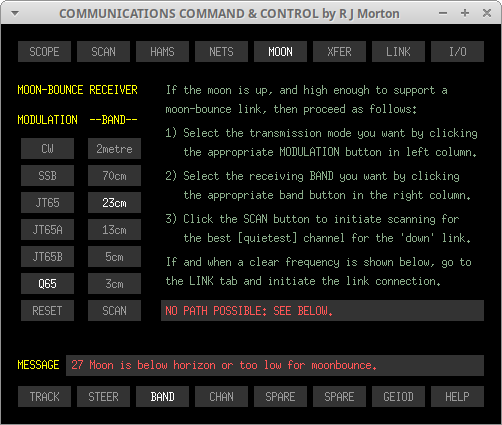 MOON->BAND sub-tab of the Communications Command & Control program originated and written in 'C' by Robert John Morton YE572246C.