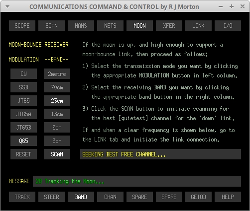 MOON->BAND sub-tab of the Communications Command & Control program originated and written in 'C' by Robert John Morton YE572246C.