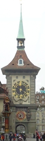 The clock tower at the end of Kramgasse, Bern, Switzerland.
