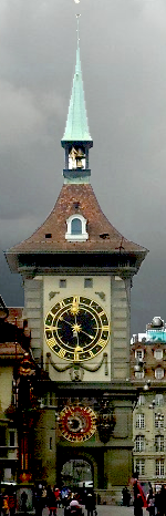 The clock tower at the end of Kramgasse, Bern, Switzerland.
